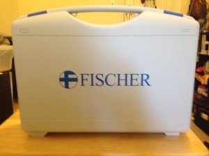Carrying case for the R.A. Fischer Iontophoresis device. The case comes apart to become two tap water trays for the treatments. 